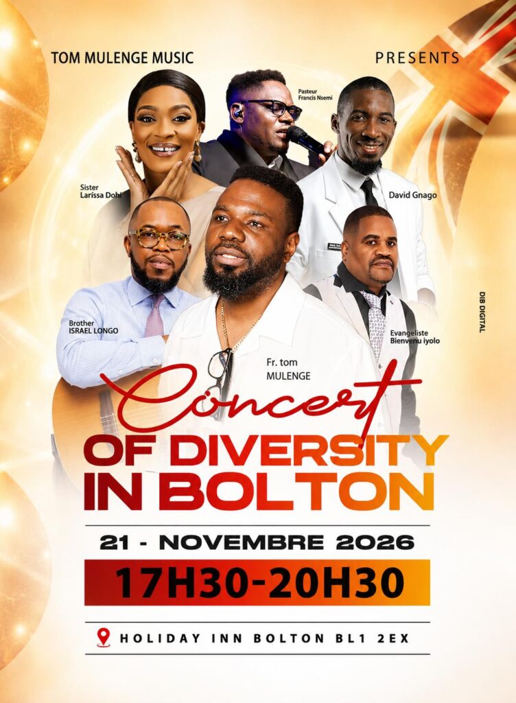Tom Mulenge Music presents the Concert of Diversity in Bolton on Saturday, 21 November 2026, from 5:30pm to 8:30pm at the Holiday Inn Bolton, The Cloisters Suite. This concert reflects our vision of using music to bring people together, celebrate different cultures and create positive social change. Building on our previous Concert for Peace and our community music activities with children, young people and families, we are creating another welcoming space where people from all backgrounds can connect through live music. Join us as we celebrate unity, diversity and the strength of our Bolton community. Everyone is welcome!